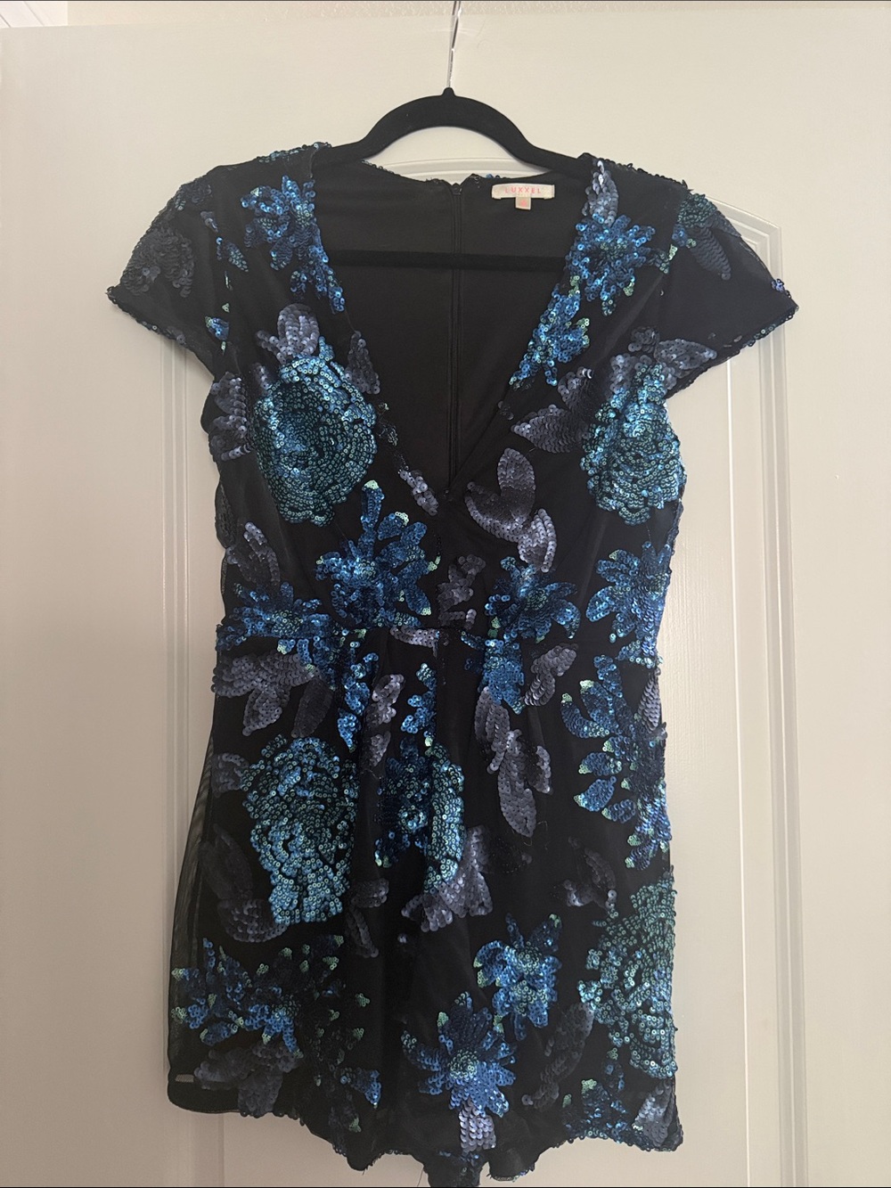Luxxel Black Romper with Teal & Purple Sequin Floral Embroidery